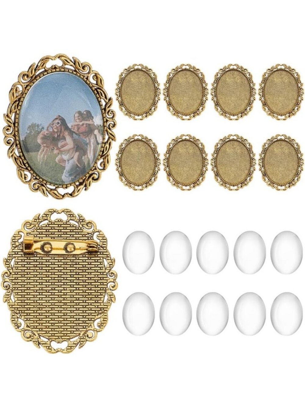 10 Sets Vintage Oval Brooch Making Kit with Clear Glass Cabochons for Jewelry